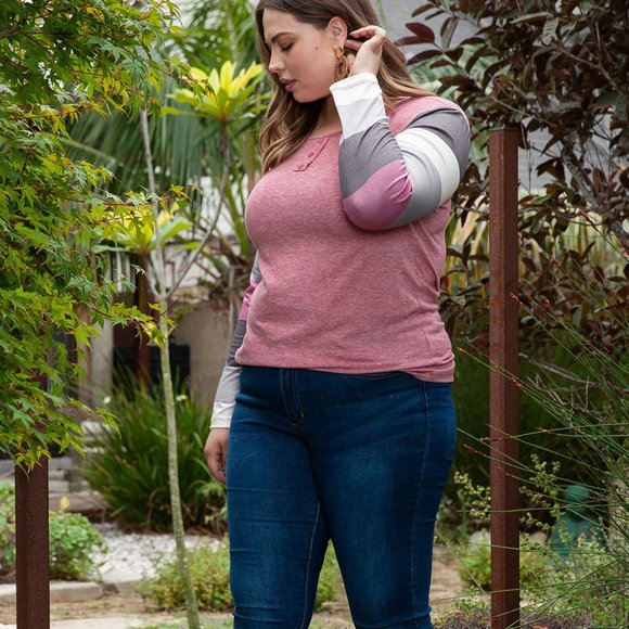 Pink Candy Striping Sleeve Plus Size Top - Picture 5 of 6